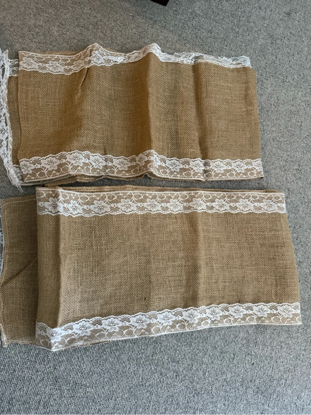 Burlap Table Runner with White Lace Trim - Rustic Home Dining Linen